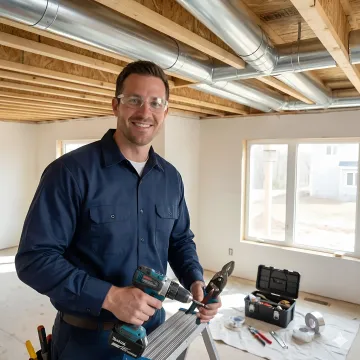 Professional technician installing modern ductwork system in residential property