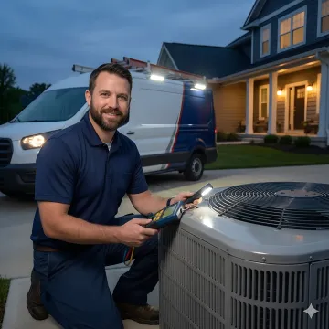 Emergency HVAC technician repairing central air conditioning unit during nighttime service call