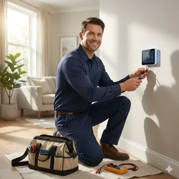 Professional technician installing modern smart thermostat on wall