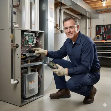 HVAC technician performing furnace maintenance inspection and tune-up service
