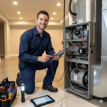 HVAC technician repairing furnace in residential basement