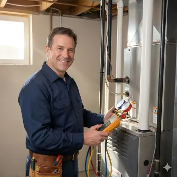 Professional HVAC technician performing maintenance on residential heating system