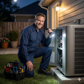 Emergency heat pump repair technician working on outdoor unit at night