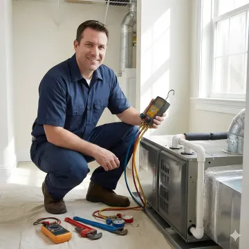 HVAC technician repairing heating and cooling system in Westchester County home