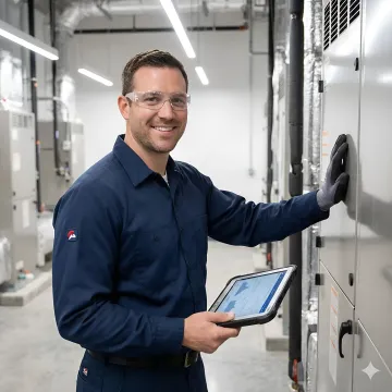 HVAC technician performing commercial heating system maintenance in modern office building