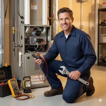Emergency HVAC technician working on heating system repair at night