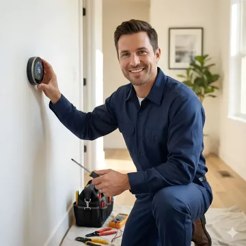 Professional technician installing a smart thermostat on wall