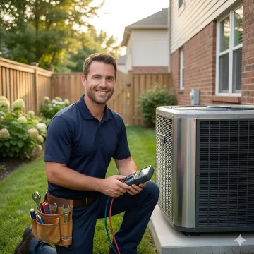 HVAC technician repairing air conditioning unit in Mount Vernon home