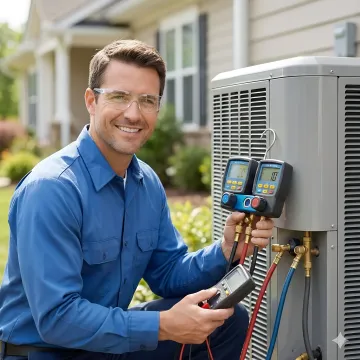 Technician performing air conditioning repair with diagnostic tools