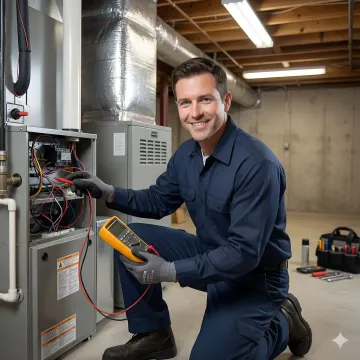 Emergency heating repair technician working on furnace in White Plains NY home