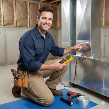 HVAC technician inspecting and repairing ductwork in Westchester home