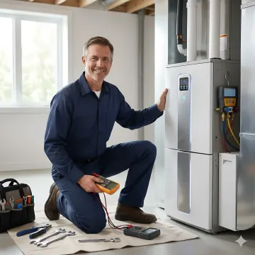 HVAC technician servicing heating and cooling system in White Plains home