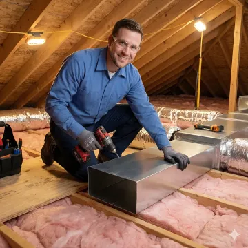 Professional HVAC technician installing air ducts in residential property