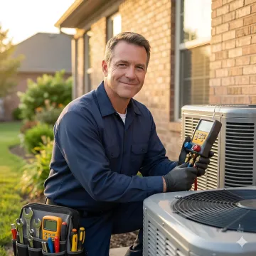 HVAC technician repairing home air conditioning unit