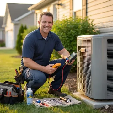 HVAC technician performing routine maintenance on residential heating and cooling system
