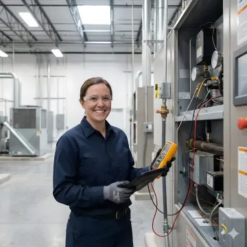 Commercial HVAC technician repairing large furnace system in business facility
