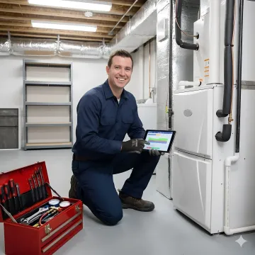 Professional HVAC technician repairing residential furnace in home basement