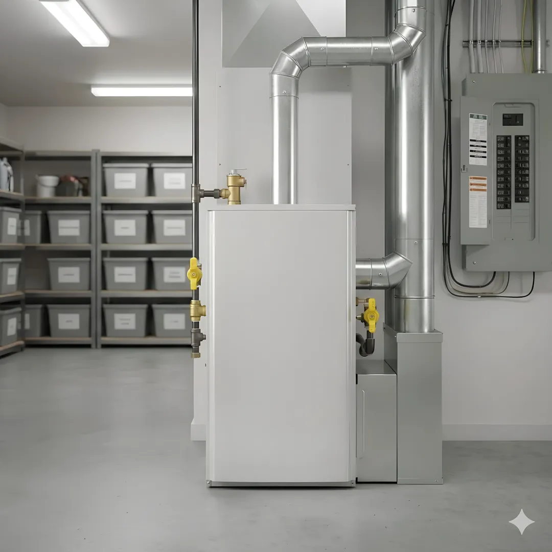 Modern residential furnace system in basement showing professional installation