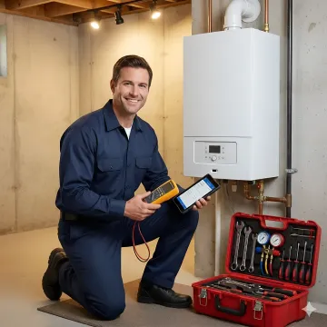 Professional HVAC technician repairing gas boiler system