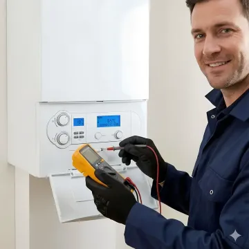 Gas boiler system being serviced by professional technician