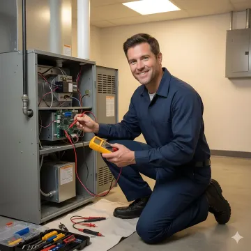 HVAC technician repairing electric furnace with professional tools