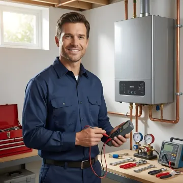 Technician performing detailed boiler system inspection and repair work