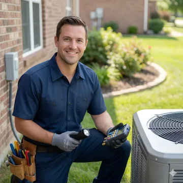 HVAC technician repairing air conditioning unit in Scarsdale home