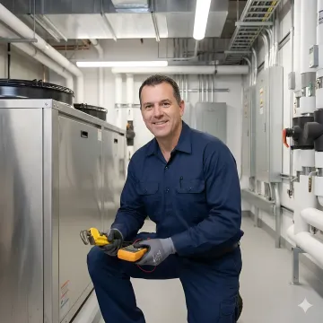 Emergency commercial HVAC technician repairing cooling system in commercial building