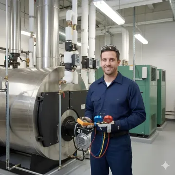 Emergency boiler technician working on hospital heating system