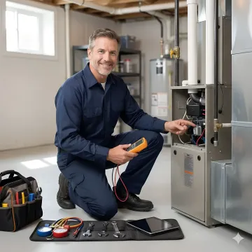 HVAC technician repairing heating and cooling system in Mount Vernon NY home