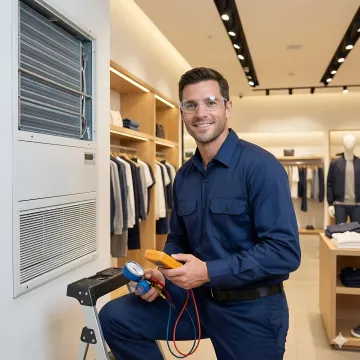 HVAC technician performing emergency repair in retail store