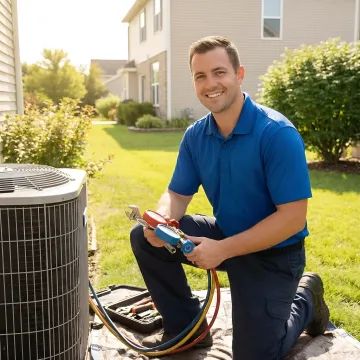 HVAC technician repairing cooling system in Mount Vernon home