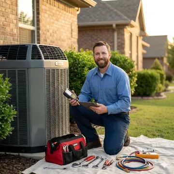 HVAC technician repairing air conditioning unit in Dobbs Ferry home