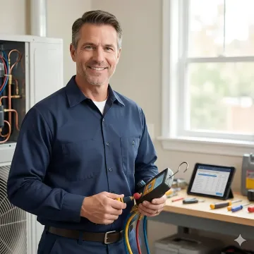 Air conditioning repair technician examining AC unit components