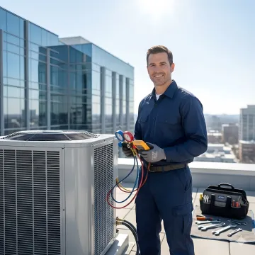 Commercial HVAC technician repairing rooftop unit in Mount Vernon office building