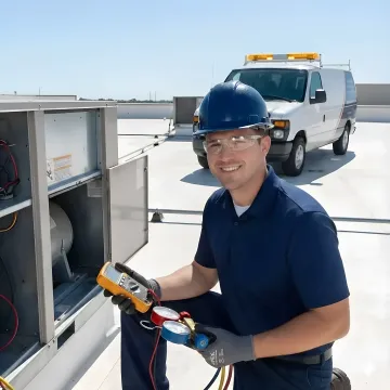 Commercial HVAC technician performing emergency repair on rooftop unit
