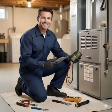 Emergency heating repair technician working on furnace during winter night