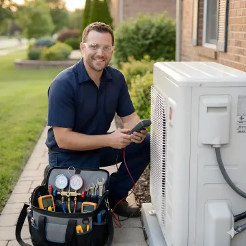 Residential AC unit being serviced by professional technician