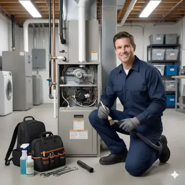 HVAC technician performing thorough furnace cleaning and maintenance