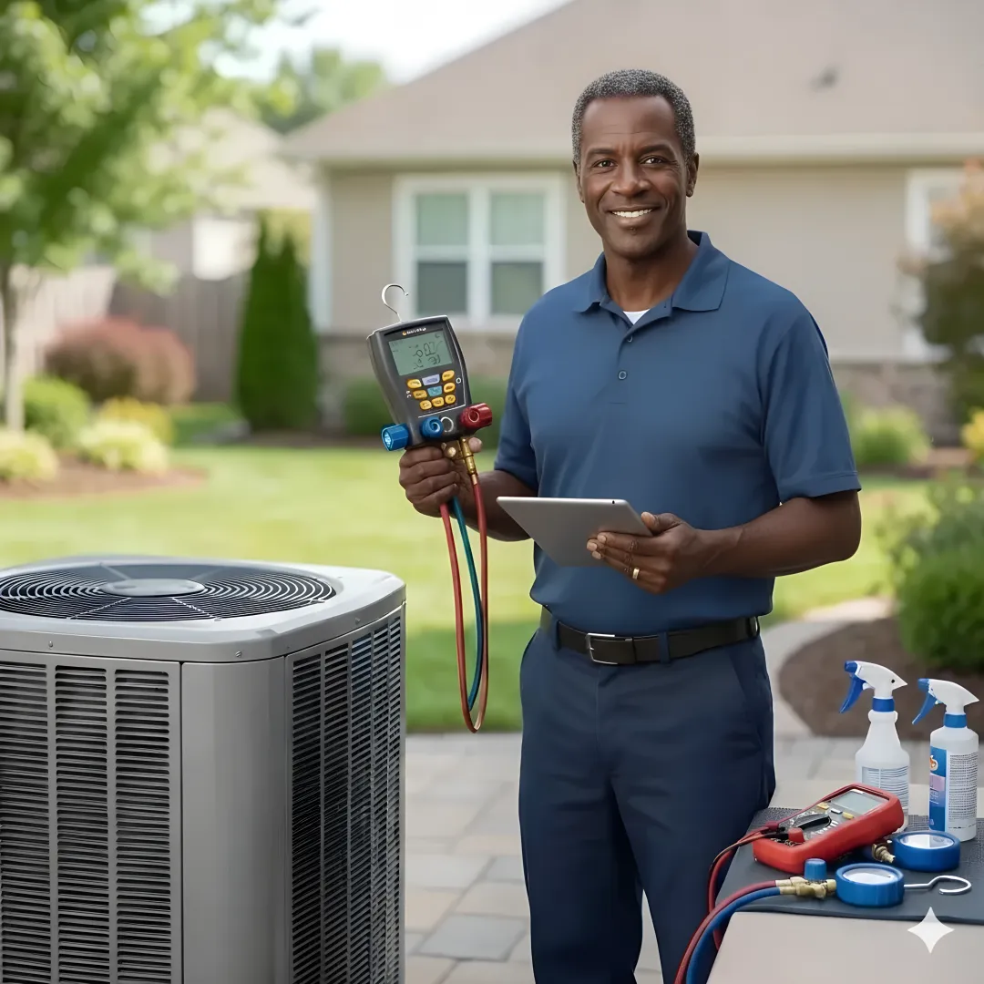 HVAC maintenance process showing technician inspecting and servicing residential system components