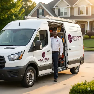 Emergency HVAC service truck arriving at residential home in Larchmont