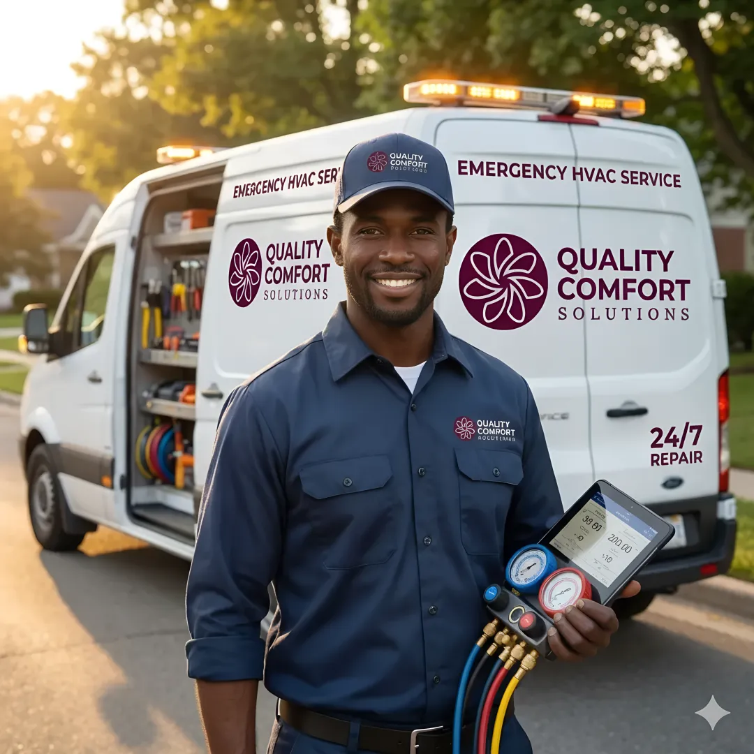 HVAC emergency service process showing technician tools and diagnostic equipment