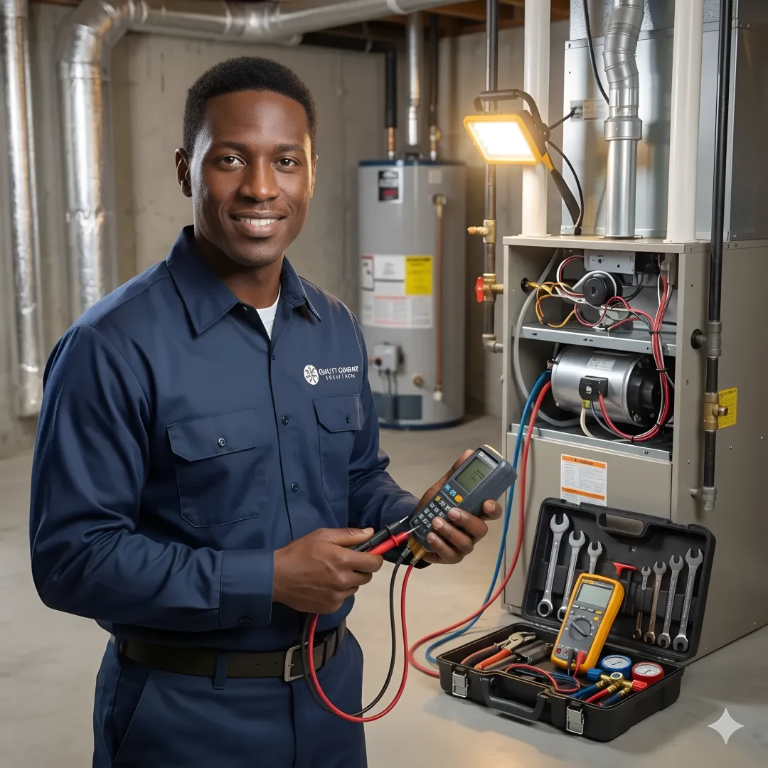 HVAC technician performing emergency furnace repair at night