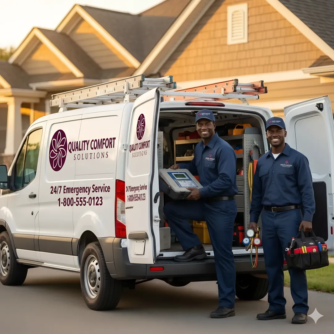 HVAC emergency response team with service van and equipment