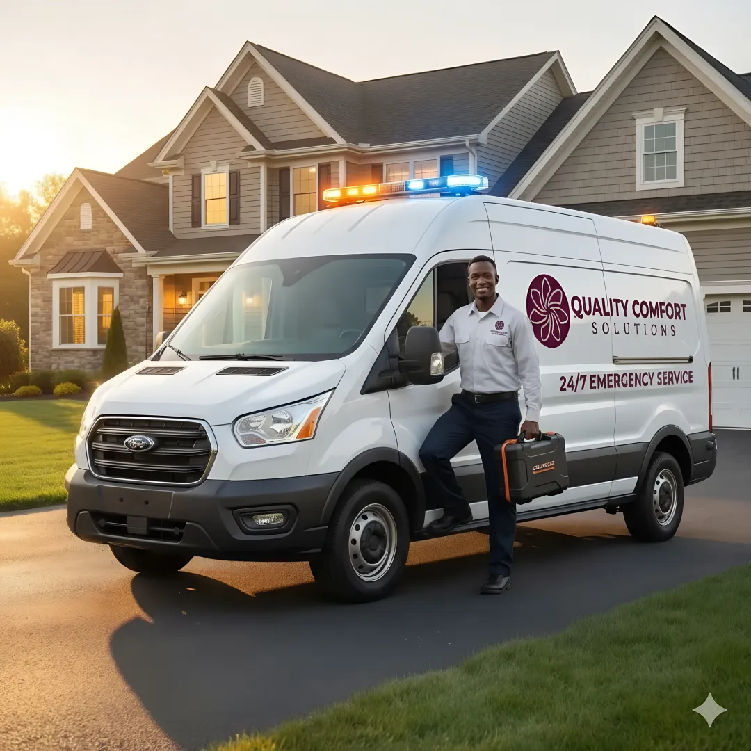 Emergency HVAC service truck arriving at residential property