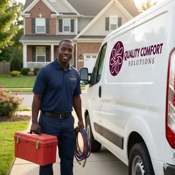 HVAC emergency service van arriving at residential home