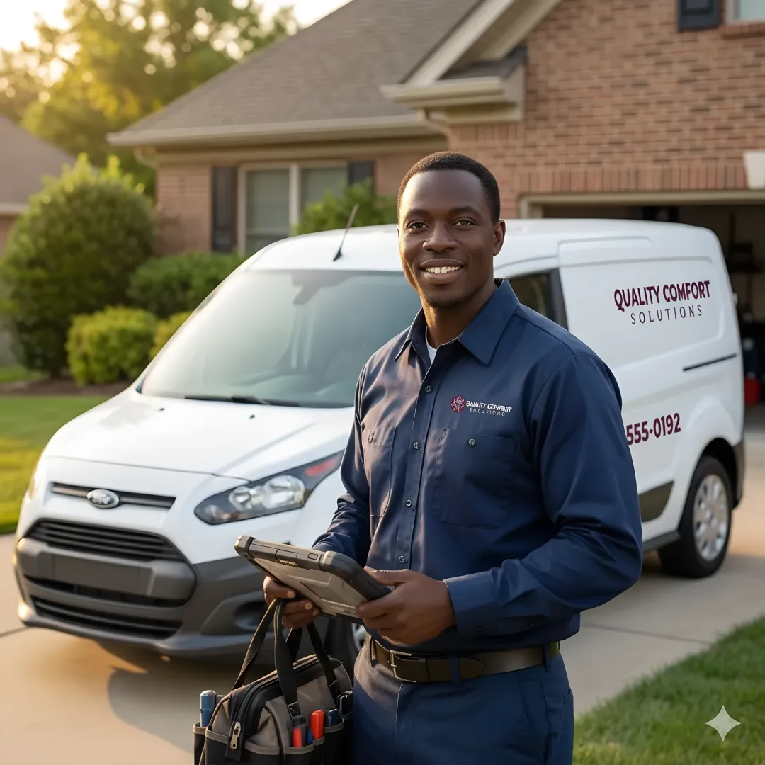 HVAC service van arriving for emergency call with technician and equipment