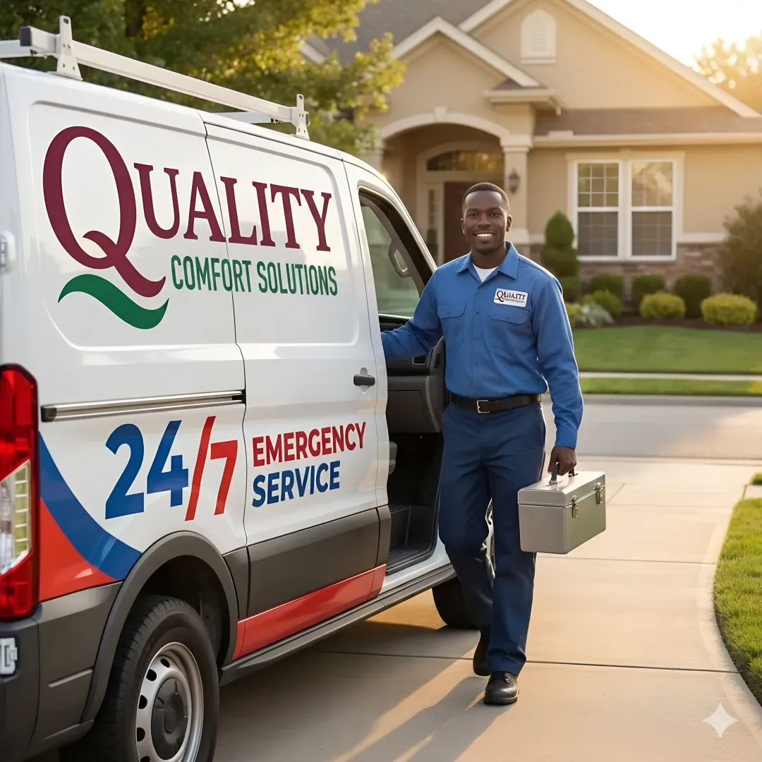 Emergency HVAC service van arriving at residential home