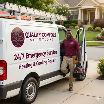 Quality Comfort Solutions emergency HVAC service truck arriving at Scarsdale residence