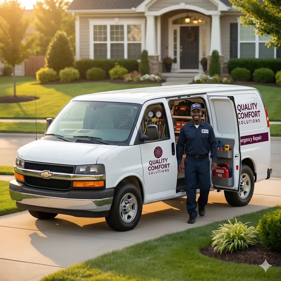 Emergency HVAC repair service truck arriving at residential home during urgent call